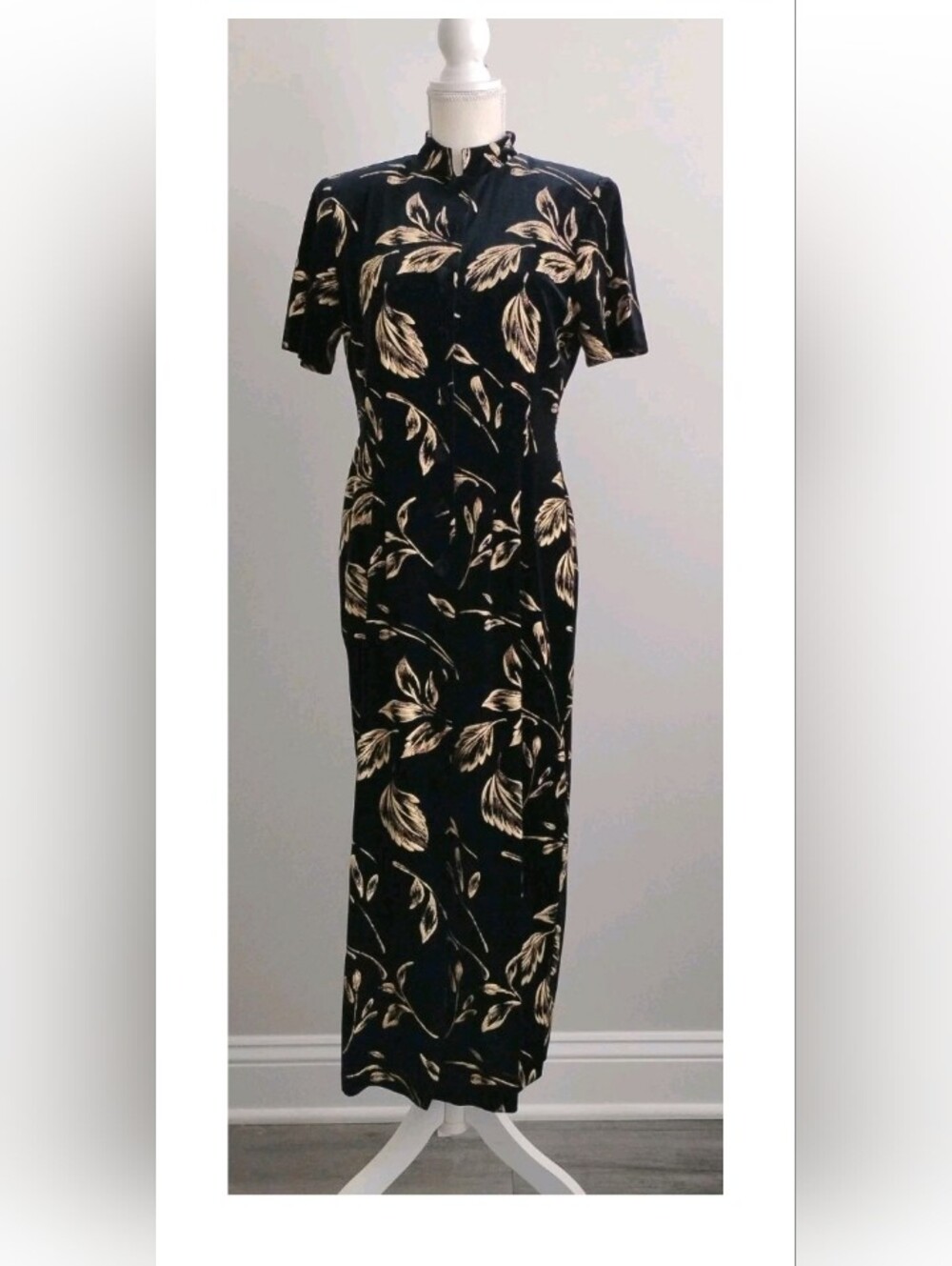 Another Thyme Velvet Gold Black Maxi Dress Mandarin Collar Vintage Size 10 Y2K